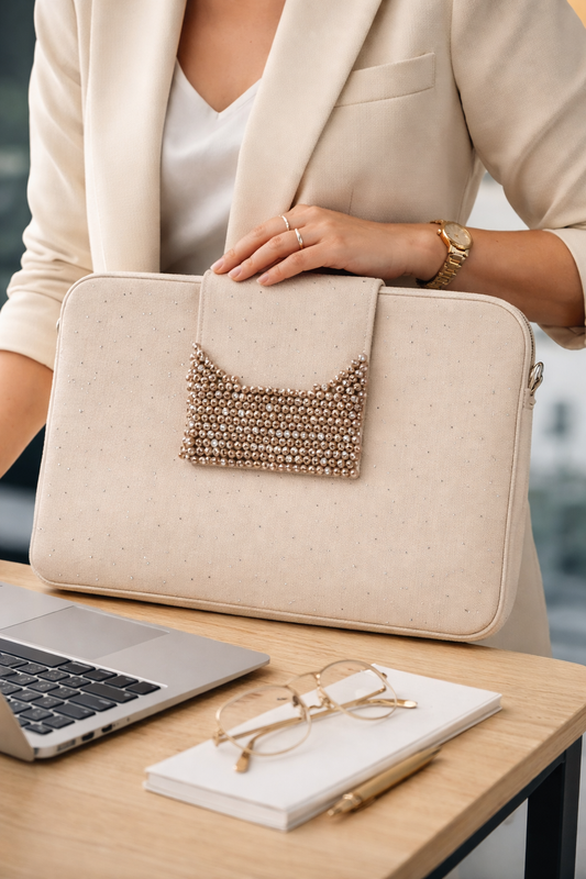 beige strassy laptop bag