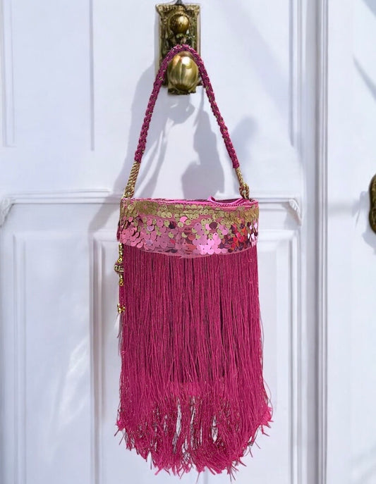 Hot pink tassels cylinder bag