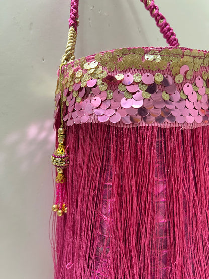 Hot pink tassels cylinder bag