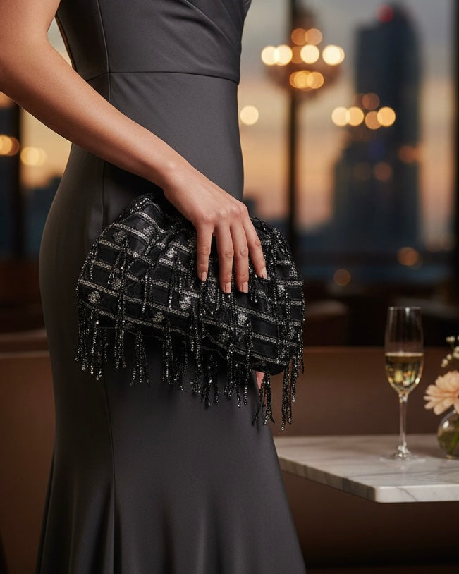 Black and silver tassels large pouch