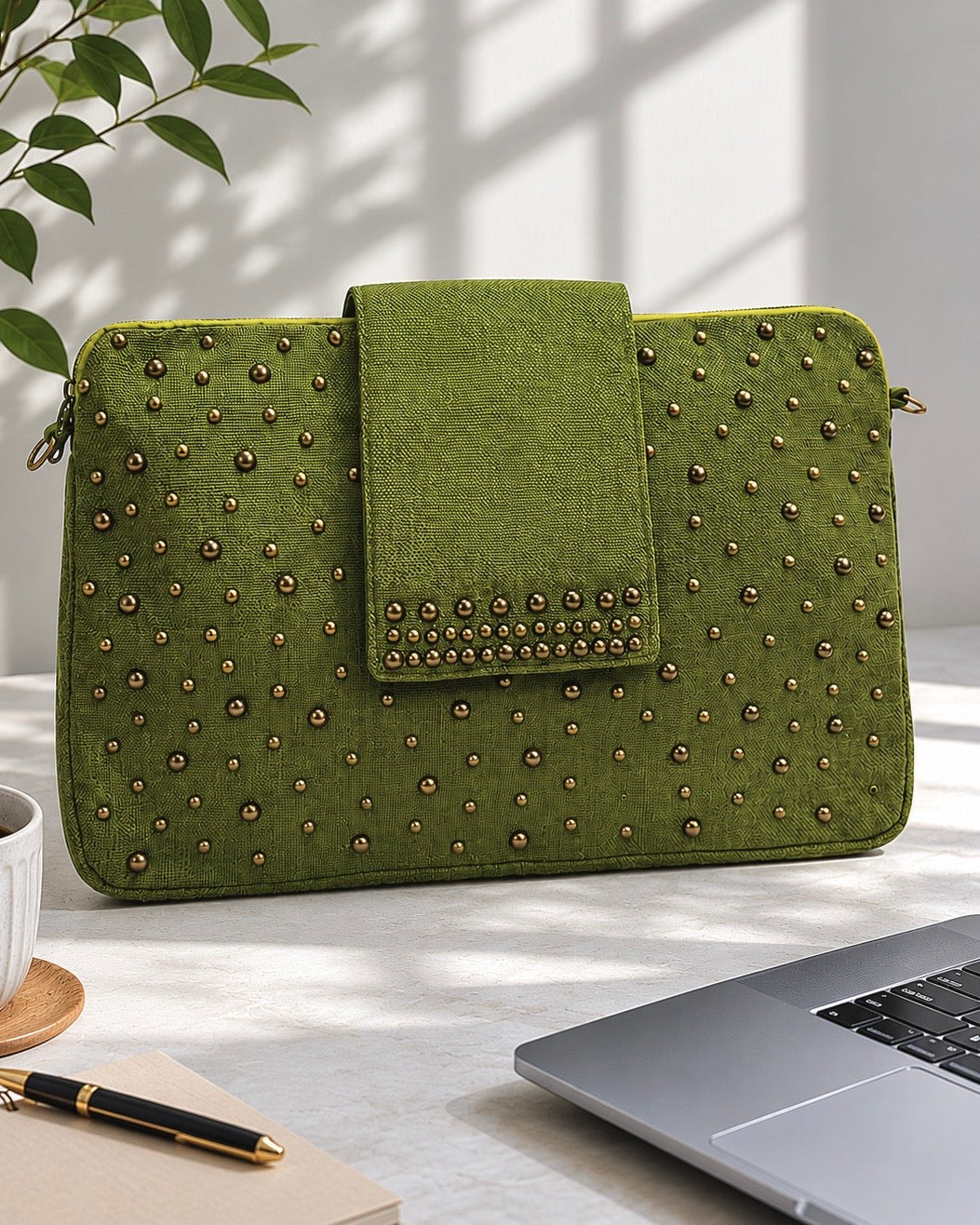 Olive green studded laptop bag