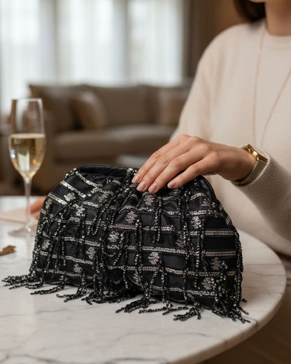 Black and silver tassels large pouch