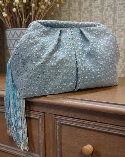 Light denim fringes large pouch